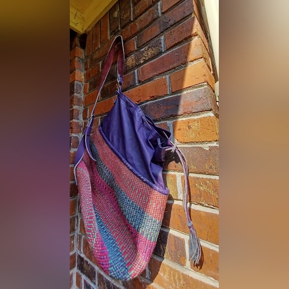 Colorful "Why Not" Purple Leather & Multi-color Woven Hemp Drawstring Bucket Bag - Picture 3 of 9